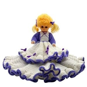Handmade Crochet Bed‎ Doll Plastic Purple Ruffle Cottagecore Grannycore Vintage